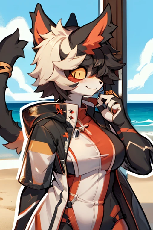 ((best quality, masterpiece, perfect anatomy, detailed picture)), furry, 1female, Aak, (Arknights), sexy body, cat tail, red blushing, in the beach, massive breasts and hips and butt, any pose, doing anything, sexy, blushing, butt naked