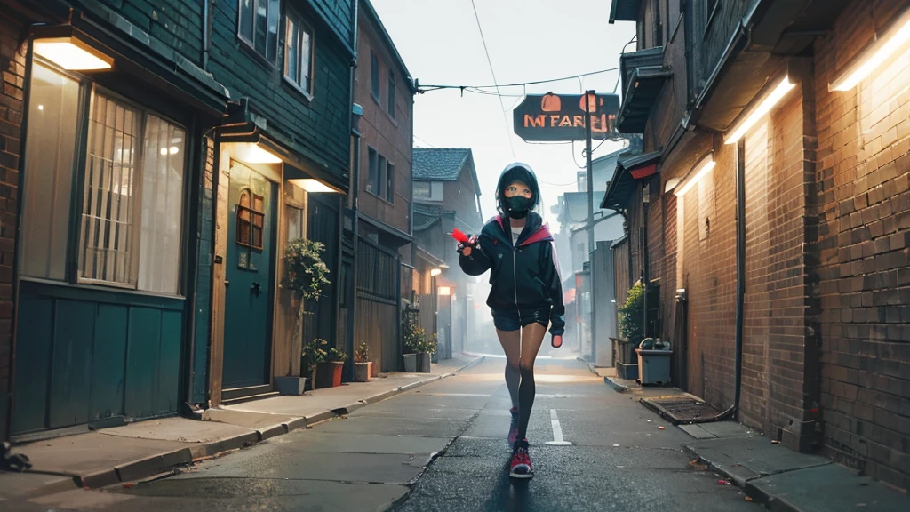 alley scene with a hip hop girl in the background with a mask posing for a camera