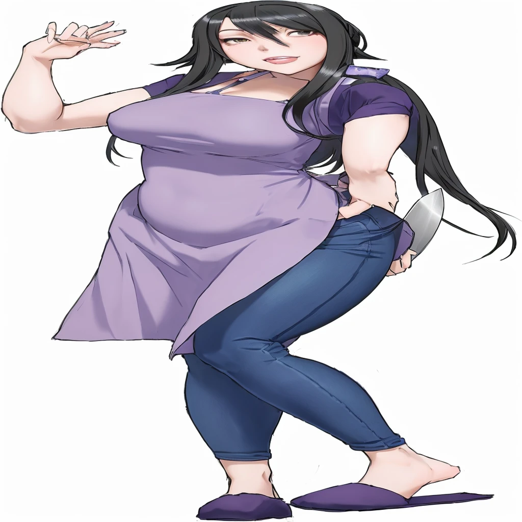 realistic woman with long black hair and purple dress holding a knife, hinata hyuga, nico robin, maya fey from ace attorney, tifa lockhart, !!full body portrait!!, tifa lockheart, tifa lockhart portrait, fullbody portrait, portrait of tifa lockhart, full body xianxia, render of april, misato katsuragi, older woman, fat