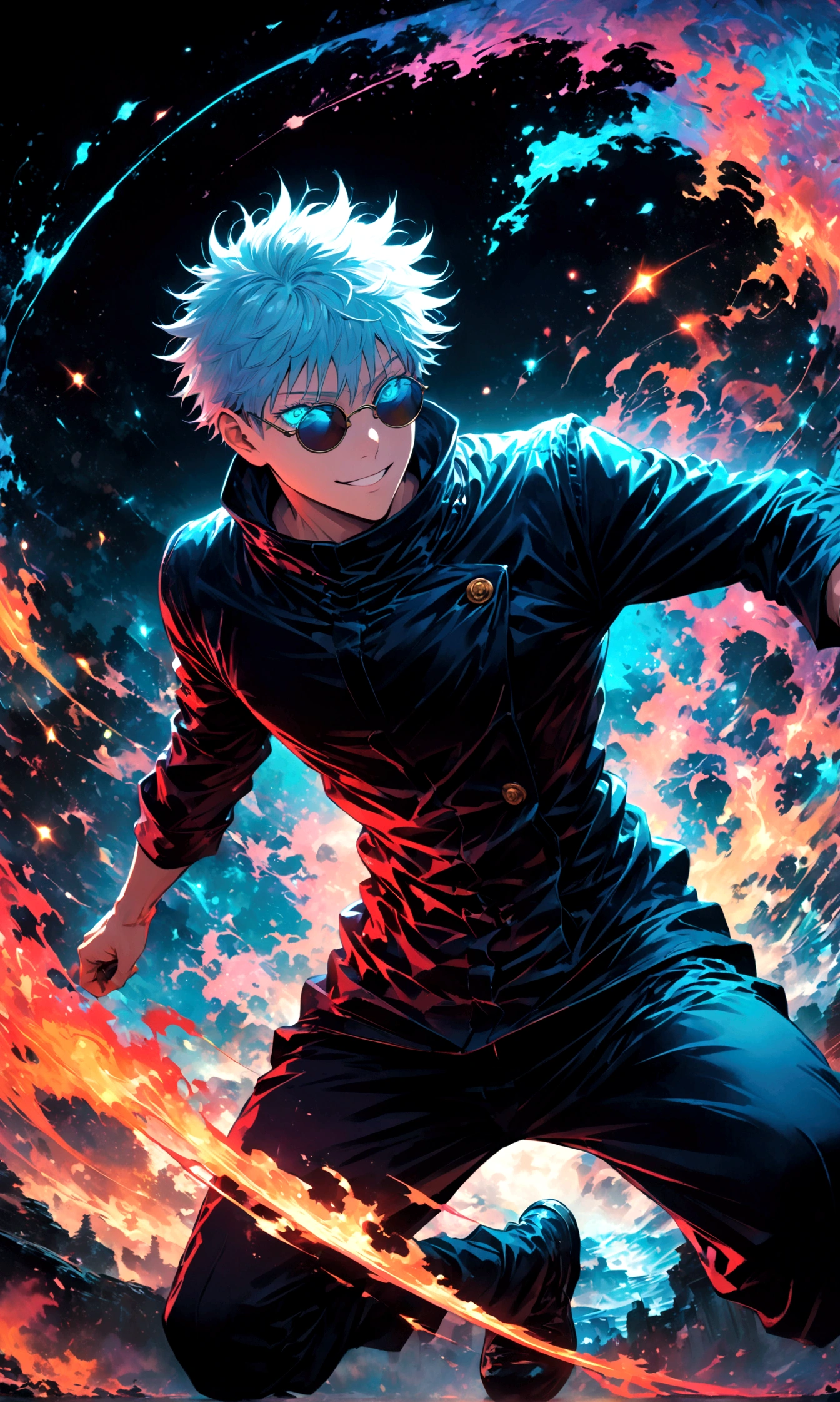 (1boy,gojou satoru,jujutsu kaisen),Black round lens sunglasses,,Sui Ishida's painting style,Intricate details,Use black and white as your main colors,Decadent,artwork,rendering,Dynamic Pose,(masterpiece:1.3),(highest quality:1.4),(ultra detailed:1.5),High resolution,extremely detailed,unity 8k wallpaper,Dark fantasy,Glare,Battle Style,Crazy smile,Zentangle,Best color balance,