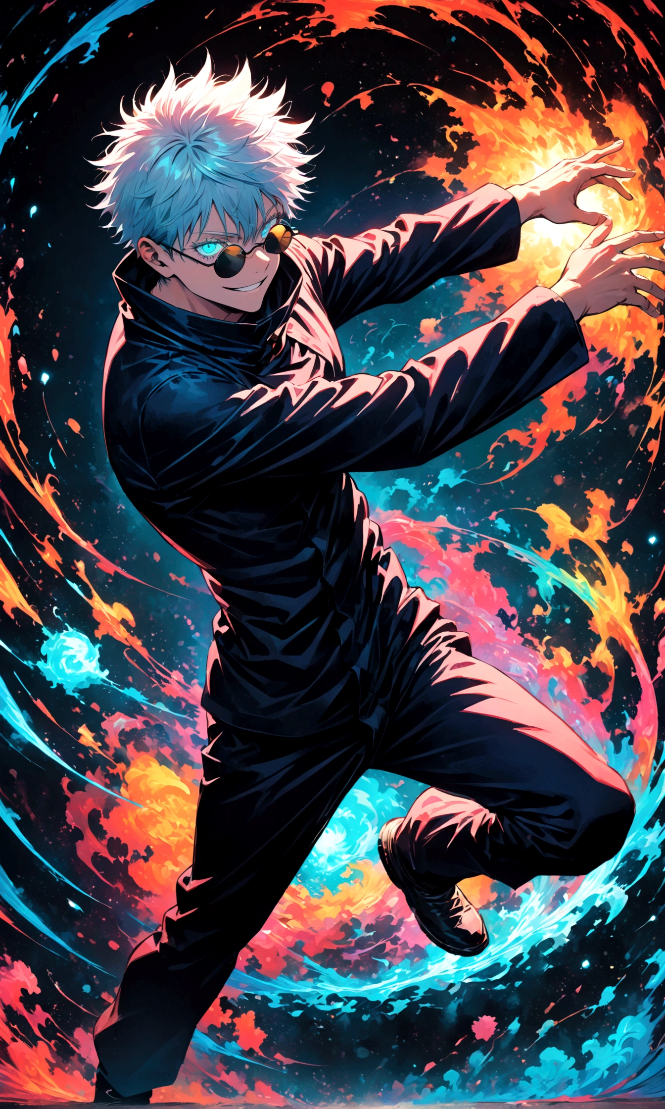 (1boy,gojou satoru,jujutsu kaisen),Black round lens sunglasses,,Sui Ishida's painting style,Intricate details,Use black and white as your main colors,Decadent,artwork,rendering,Dynamic Pose,(masterpiece:1.3),(highest quality:1.4),(ultra detailed:1.5),High resolution,extremely detailed,unity 8k wallpaper,Dark fantasy,Glare,Battle Style,Crazy smile,Zentangle,Best color balance,
