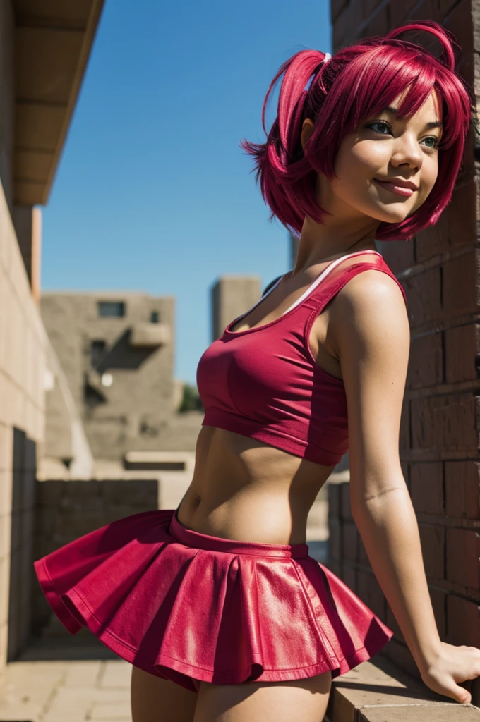  woman,cowboy shot, beautiful nora_valkyrie, looking at viewer, smile, short hair, blue eyes,heart cutout, gloves, jacket, pink skirt, pink belt, short sleeves, puffy sleeves, single armband, fingerless gloves, orange hair, pink gloves, dynamic pose, night, outdoors, city, (volumetric lighting), best quality, masterpiece, intricate details, tonemapping, sharp focus, hyper detailed, trending on Artstation