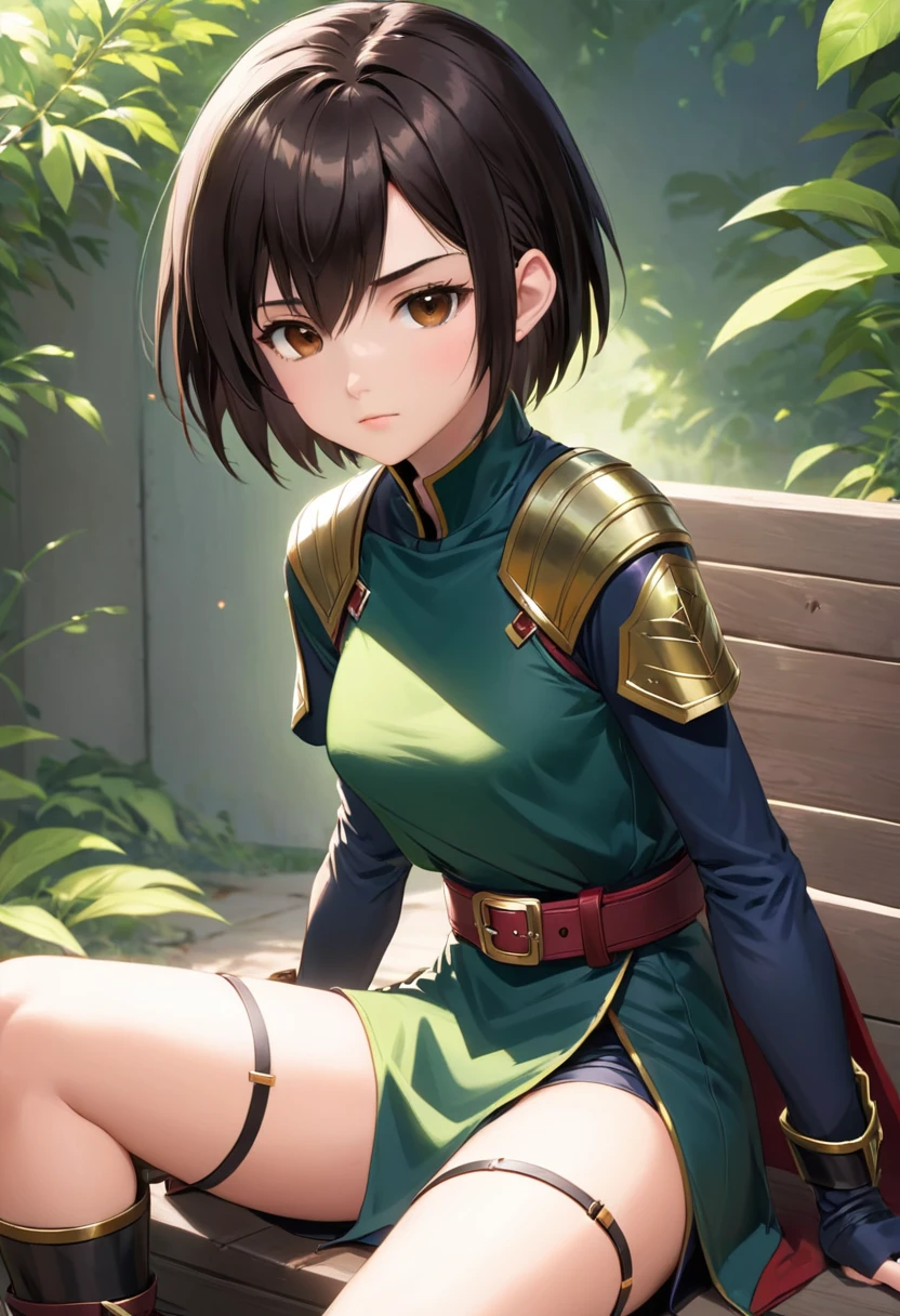 Anime, flat , (Ellen 18-years-old, short dark layered hair, Brown-eyed, small breast:1.0), hair clips
Fantasy Rogue outfit, belt, spread legs, sitting, embarrassed, groin ,