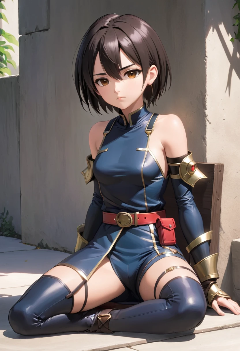 Hurricane Blue、Hurricaneger、Brown Hair、Short Hair、((pantyhose))、Photo from below、Medium chest、Jail、((first round))、((Chains in both hands))、Poop sitting、boots、Embarrassed expression、Spread your legs、((Topless))