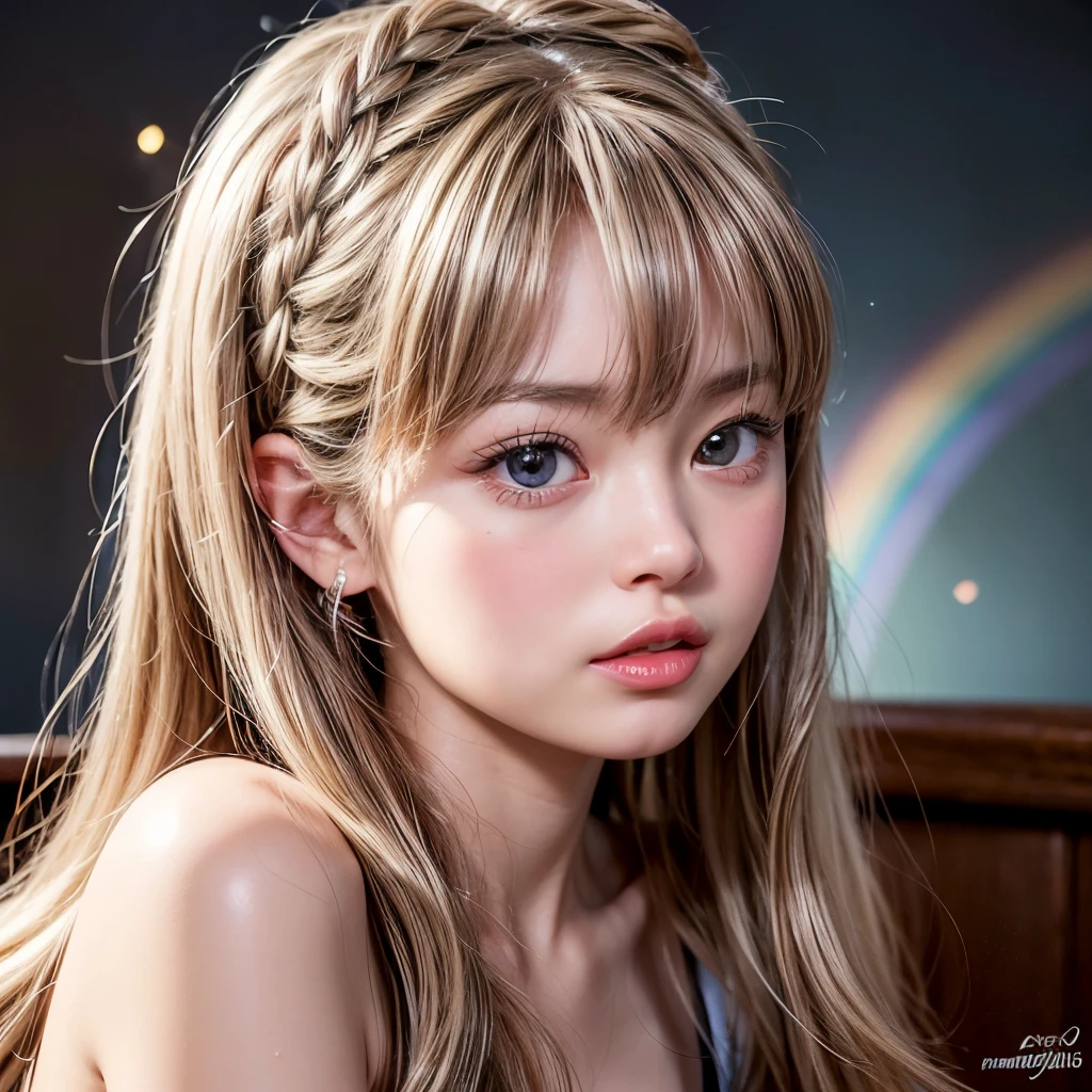 NSFW, 8k, High-level, absurd, masterpiece, best quality, primitive, very detailed CG, very detailed wallpaper, perfect lighting, Extremely detailed (((The personifying " Brigitte Bardot " as a Girl))), MysticSight, Tyndall effect, Tyndall scattering, Studio gray background with (many Dazzling RainbowColor particles BokeH:1.28), (RoundlyButts, ThighGap), (Exposed:0.4), (Assfocus with looking ahead), BREAK (NOGIZAKA face variations) Extremely Detailed very KAWAII face variations, perfect anatomy, Childish, captivating gaze, elaborate detailed Eyes with (sparkling highlights:1.28), long eyelashes、Glossy RED Lips with beautiful details, Coquettish tongue, Rosy cheeks, Radiant PearlSkin with clear transparency . { (Dynamic LifeLike expressions:1.4) | :d) }, (large eyes:-1) .