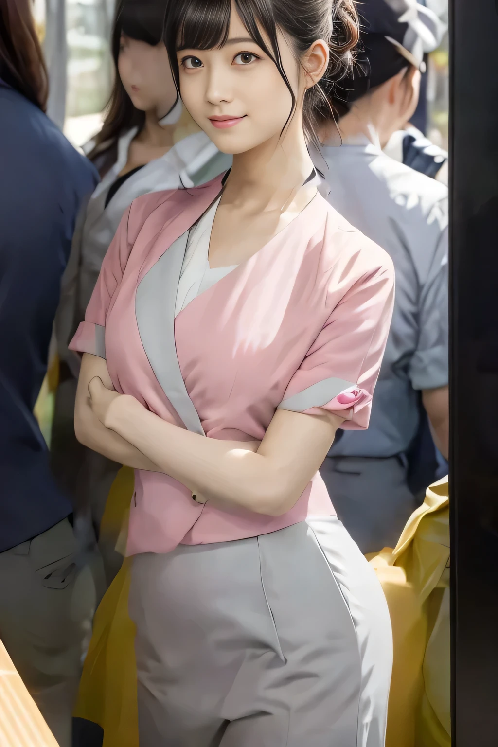 (masterpiece:1.2, Highest quality:1.2), 32K HDR, High resolution, (alone、1 girl)、 (Height: 160cm)、(On the rooftop of a building in the daytime、Professional Lighting)、Building rooftop background、(Nankai train crew uniform pinkを着たリアルスタイル)、(Nankai train crew uniform pink short sleeve collarless pink jacket、Nankai Train Crew Uniform Pink Collarless Short Sleeve Blouse、Nankai Train Crew Uniform Pink Grey Knee-length Culottes)、Dark brown hair、(Hair tied up、Hair tied up、Evening curly hairstyle)、Dark brown hair、Long Shot、Big Breasts、Thin legs、((Great hands:2.0)),((Harmonious body proportions:1.5)),((Normal limbs:2.0)),((Normal finger:2.0)),((Delicate eyes:2.0)),((Normal eyes:2.0)))、smile、(Nankai Train Crew Uniform Pink Grey Knee-length Culottesを見せた美しい歩く姿)、Place your hands around your stomach、Lanyard employee ID card