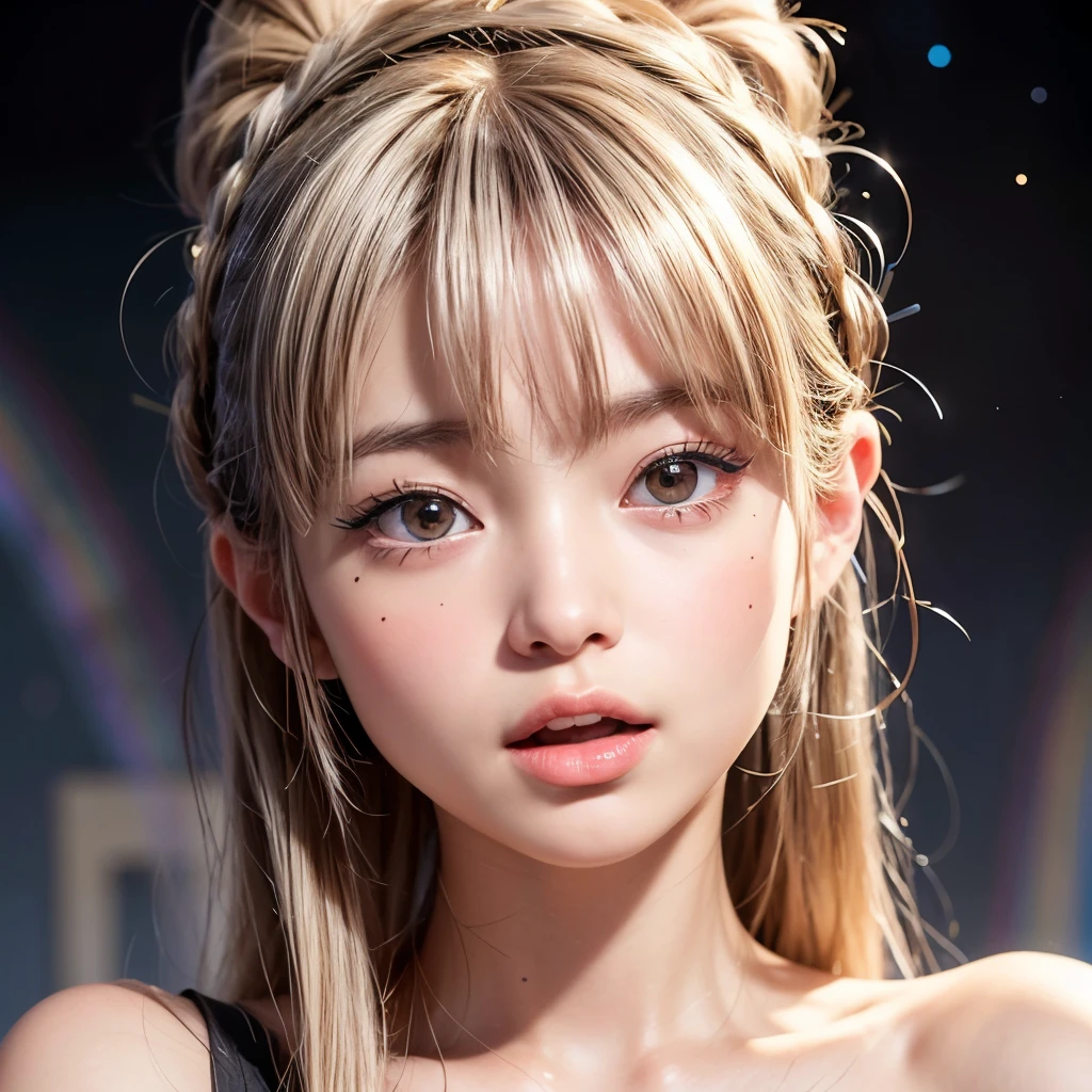 NSFW, 8k, High-level, absurd, masterpiece, best quality, primitive, very detailed CG, very detailed wallpaper, perfect lighting, Extremely detailed (((The personifying " Brigitte Bardot  " as a Little Girl))), MysticSight, Tyndall effect, Tyndall scattering, Studio gray background with (many Dazzling RainbowColor particles BokeH:1.28), (RoundlyButts, ThighGap), (Exposed:0.4), (Assfocus with looking ahead), BREAK (NOGIZAKA face variations) Extremely Detailed very KAWAII face variations, perfect anatomy, Childish, captivating gaze, elaborate detailed Eyes with (sparkling highlights:1.28), long eyelashes、Glossy RED Lips with beautiful details, Coquettish tongue, Rosy cheeks, Radiant PearlSkin with clear transparency . { (Dynamic LifeLike expressions:1.4) | :d) }, (large eyes:-1) .