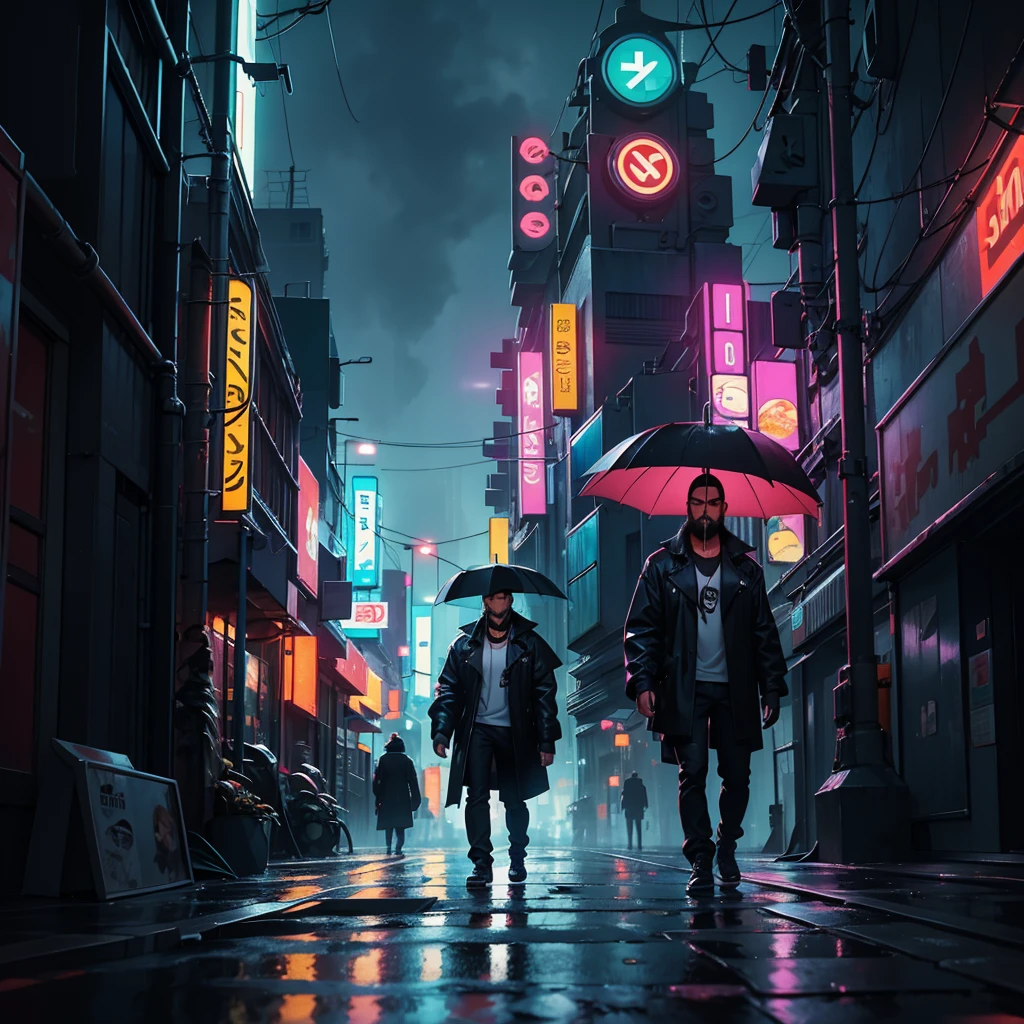 Views of a big cyberpunk city at a rainy night, with lots of neon ads and lots of prople walking around with umbrellas; there's also a guy with beard and black hair wearing black modern clothes looking around