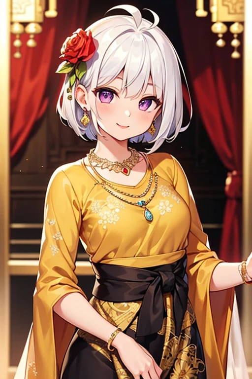 A beautiful detailed girl with intricate details, ahoge, white hair, purple eyes, black hair tips, small breasts, smiling, wearing a black kebaya dress for a Javanese wedding, traditional batik skirt, looking at the viewer, adorned with jewelry and headdress, red lips, gold necklace, earrings, exquisite, detailed, flowers, perfect background, soft focus, highly detailed facial features