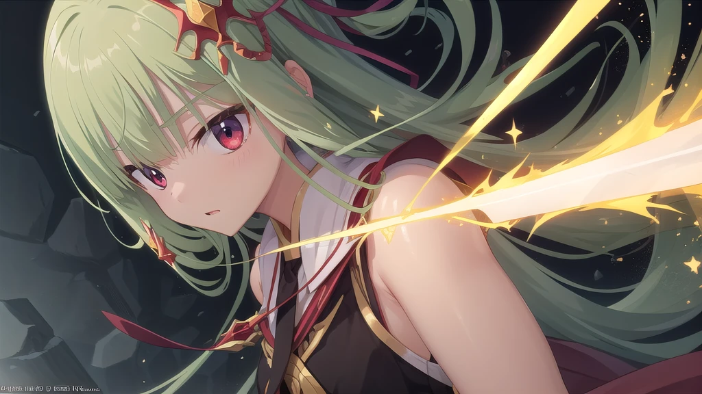 ((masterpiece)),(best quality),Official Art,Extremely detailed CG,Unity 8K wallpaper,Very detailed,Beautiful and delicate eyes,Extremely detailed face,1 girl,solitary,,(whole body:1.5),(small:1.3),,,Murasame,Very long hair,Green Hair,Face Up,Purple bow,hairpin,Side chains,Bangs,Red Eyes,Neck strap,Red belt,Sword Master，Still wearing a flowing white robe，Showing the free and noble character，The golden life energy gathered from his brows，The majestic life energy provides his sword-holding hand with extraordinary strength.，The overflowing energy dyed the ends of the hair and the hem of the clothes white.，Gives a sense of transcendence 。Weapon design，The golden sword body represents the gathering of countless life energies.，After entering the enhanced state，The sword is broken，Energy bursts from the sword，Transformed into golden lightning，Can beat everything，Save the world。
He appeared in the dazzling energy of life，The golden light gathered into a long sword in his hand, and with the power of the sword, he broke through the layers of the glass illusion.，Descend as a God。The golden energy wrapped around the sword, and the light flowed as it was swung.。Sometimes, the sword energy and light blades were raised, and four golden clones transformed into crosses to cut off the floating boulders. Sometimes, a giant sword of light flashed in the afterimage hurricane and fell from the sky to shatter the glass illusion.。

