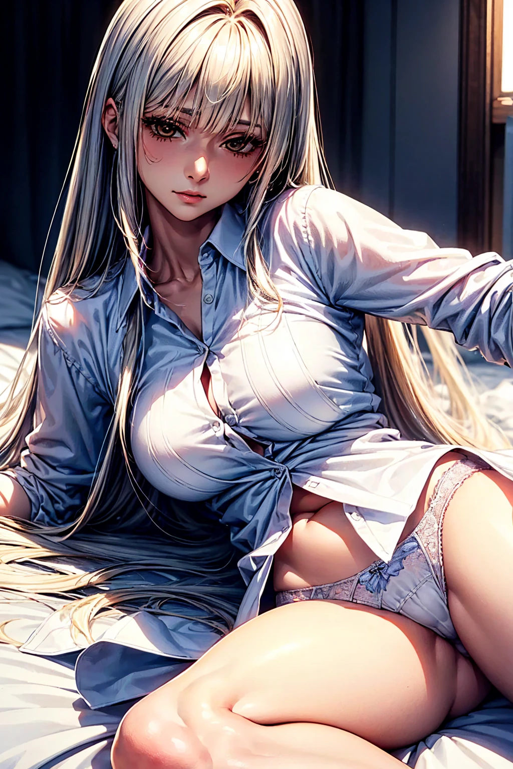 (top quality、masterpiece、very high resolution、Ultra high quality、High quality pixels)、perfect eyes, perfect face, alone,8k, large breasts,(Detailed description of hair), (Detailed description of face),(detailed description of body), Fair and translucent skin, gorgeous, long legs, facing the audience, Professional photography lighting,(Detailed yellow eyeball: 1.2), white hair, Girlfriend style, gentle expression, cowboy shot, (white oversized formal shirt: 1.2), model posture, pantless, (long shirt covering underwear:1.3), girlfriend ssmile, Sit, bed, horse ear, long straight bangs, long straight hair, lying down on the bed