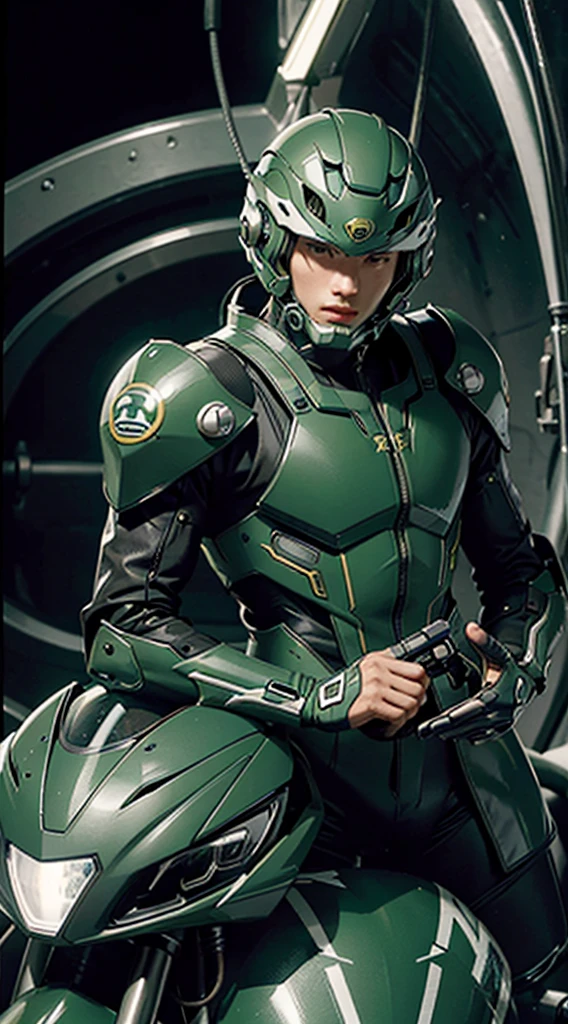 Highest image quality, outstanding details, ultra-high resolution, (realism: 1.4), the best illustration, favor details, highly condensed 1boy, with a delicate and beautiful face, dressed in a black and green mecha, wearing a mecha helmet, holding a directional controller, riding on a motorcycle, the background is a high-tech lighting scene of the future city,wide hips, thin and narrow weist, young man, young man