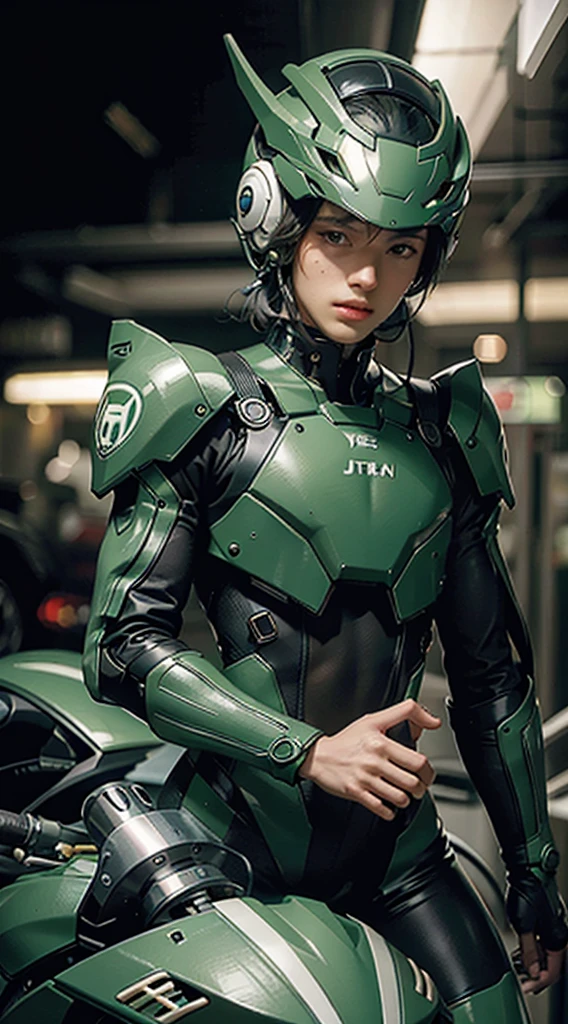 Highest image quality, outstanding details, ultra-high resolution, (realism: 1.4), the best illustration, favor details, highly condensed 1boy, with a delicate and beautiful face, dressed in a black and green mecha, wearing a mecha helmet, holding a directional controller, riding on a motorcycle, the background is a high-tech lighting scene of the future city,wide hips, thin and narrow weist, young man, young man