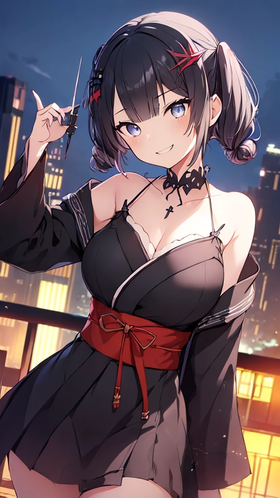 prompt（Re-adjusted version）
beautiful, masterpiece, Highest quality, HiqCG Body, anime, (1 Girl:1.5), (Small breasts:1.2), Portrait Shot, View your viewers, Wet Skin, Intricate details, Little Woman, Her eyes were shining like dreamy stars.,(Shining Eyes:1.3),(Beautifully detailed eyes:1.1)、[[Delicate fingers and hands:0.55]::0.85],(Detailed reference),(Thick black hair, Eyes are bright purple,(Sharp Eye:1.3), (tsurime:1.5), Twin tails,Straight Hair,(Asymmetrical bangs:1.2),(Blunt Bangs:1.3), (hairpin:1.2), Young face,Childlike,Small devil,Succubus,Vampire,Double teeth,Small corner),(kimono),Dynamic Pose,(yandere:1.1),(yandere smile:1.3),(smirk:1.3) ,Cleavage,High angle shot、(night:1.4)、(full moon:1.1),Focus on the chest,(Shake your head:1.2), Thick black hair, kimono, firework
