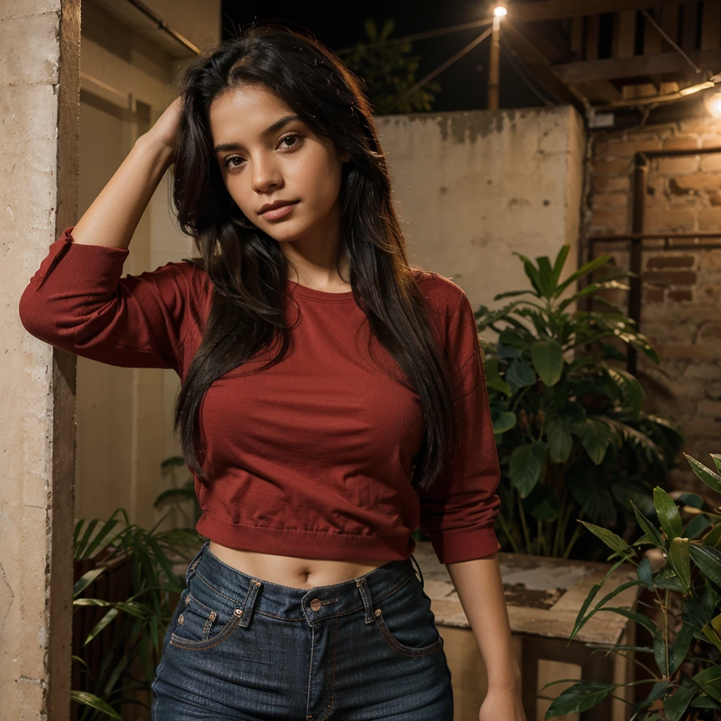 Mujer hermosa, 19 years, blusa roja, jeans, cabello largo negro, desde un departamento pared vidrio de un edificio viendo de espaldas la ciudad de noche