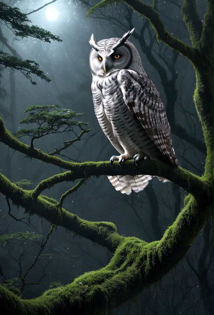 In the forest under the moonlight,A majestic owl perched gracefully on a mossy branch, Silver moonlight shines through the treetops,Forming a misty beam of light, Conveys a sense of tranquility and mystery. Full of mood and atmosphere,With a hint of fantasy, Soft Focus, And dreamy tones.