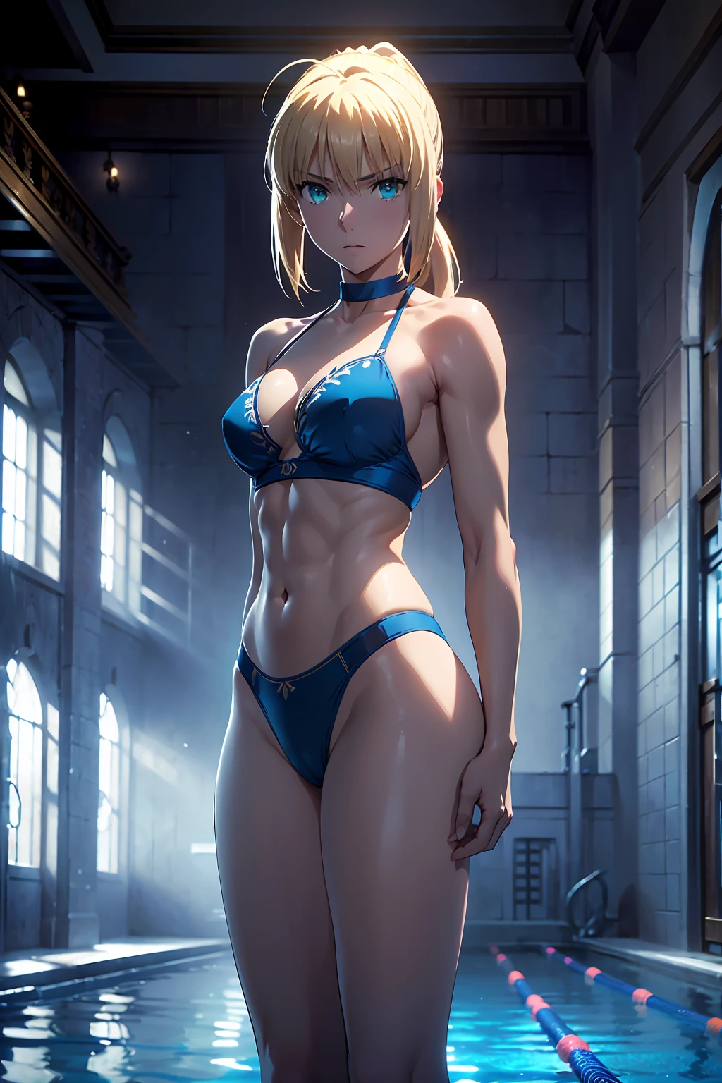 Browsing Caution (Highest quality:1.5, High resolution, 超High resolution, 4K, Detailed lighting, Shaders)(Beautiful details:1.6)(Artoria Pendragon), alone (Swimwear)++ short hair,ponytail Parody, Blue choker, Beautiful Abs Beautiful arm muscles ((Are standing)) Realistic swimming pool Angle from below Cool look Beautiful ass