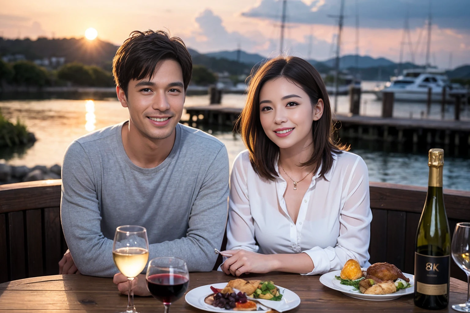 ((Highest quality、8k、masterpiece:1.3))、 (Genuineistic, Genuine、Bright image、Intricate details:1.2), 最高のsmile、1 male 1 female、Beautiful couple、spouse、fiancee、Good friends、actress couple、smile、Full-course dinner at a packed table、 (Slim face), (the body is slim), (Brown Hair), (short hair), テーブルのwine glass、Please shine a light on my face、 Amazing view of the sunset sky and clouds、 (42 years old)40 years old, red wine 、Appetizers、Wine bottle、sparkling wine、Long sleeve shirt、dress、White wine, red wine, wine glass,