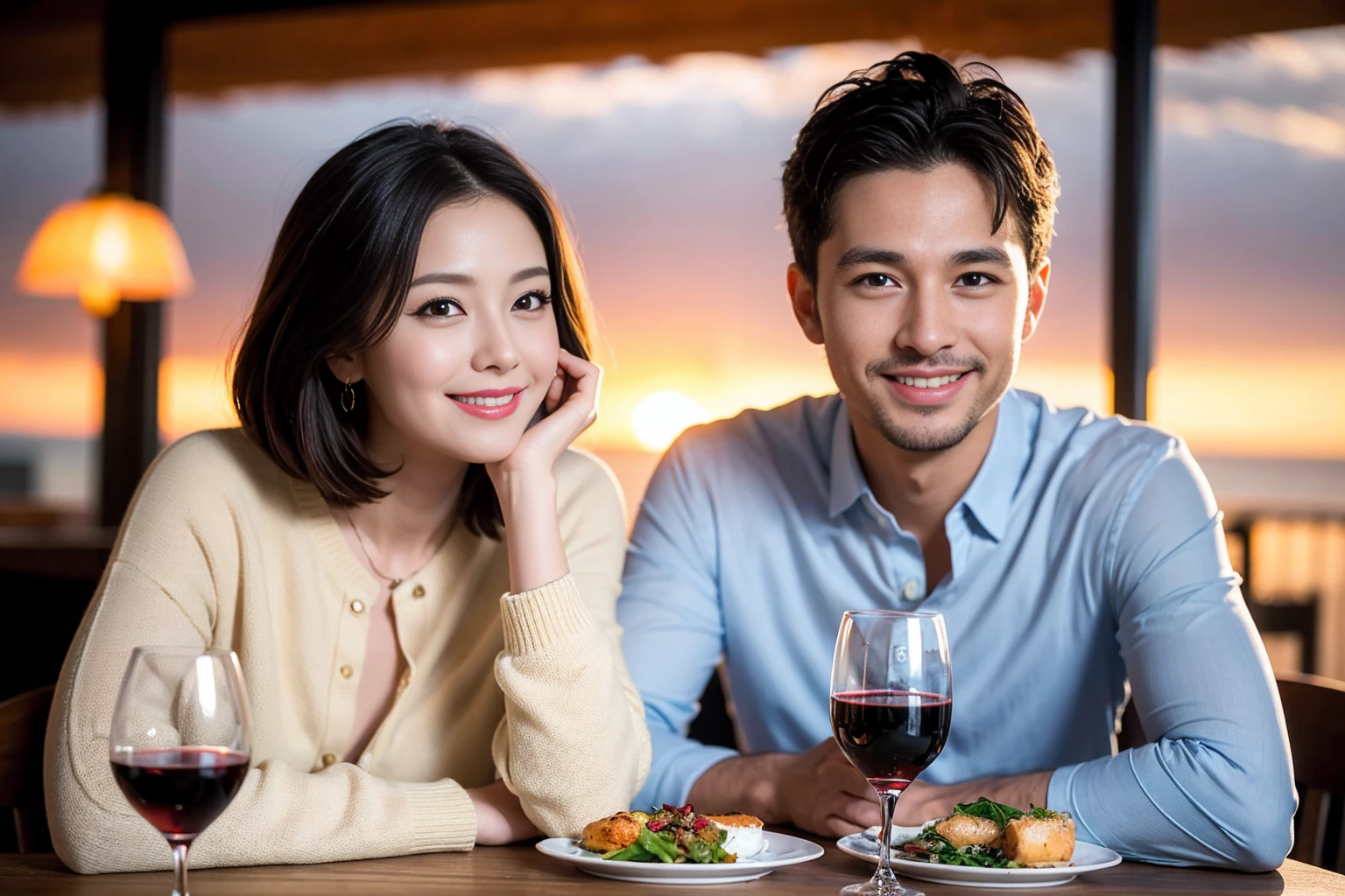 ((Highest quality、8k、masterpiece:1.3))、 (Genuineistic, Genuine、Bright image、Intricate details:1.2), 最高のsmile、1 male 1 female、Beautiful couple、spouse、fiancee、Good friends、actress couple、smile、Full-course dinner at a packed table、 (Slim face), (the body is slim), (Brown Hair), (short hair), テーブルのwine glass、Please shine a light on my face、 Amazing view of the sunset sky and clouds、 (42 years old)40 years old, red wine 、Appetizers、Wine bottle、sparkling wine、Long sleeve shirt、dress、White wine, red wine, wine glass,
