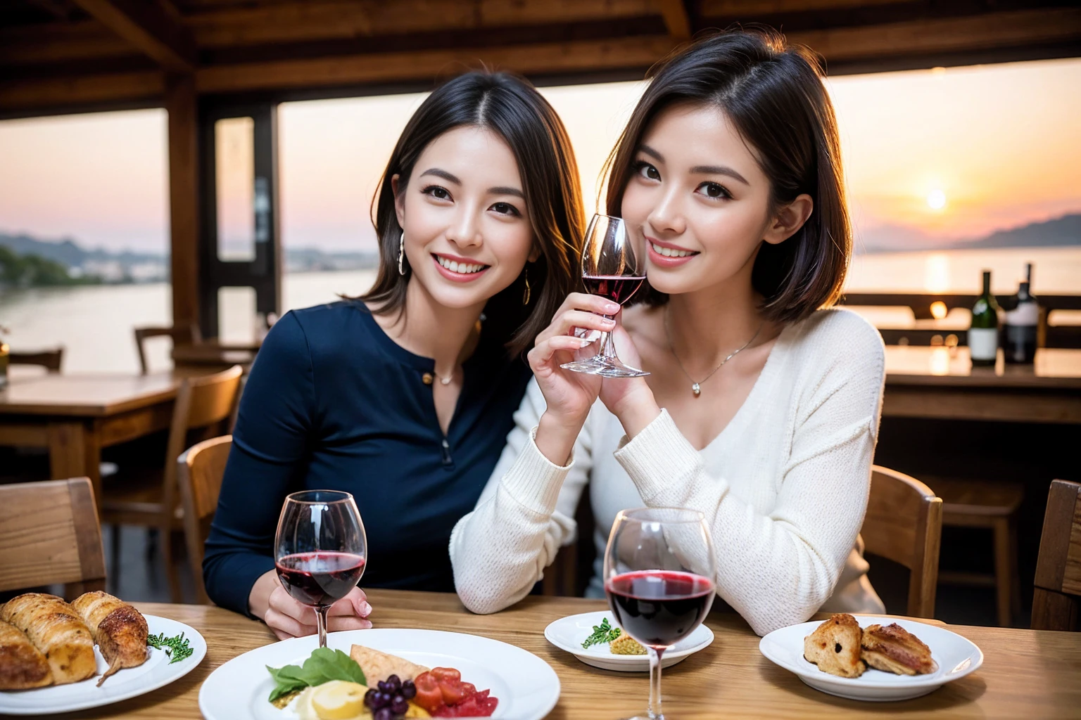 ((Highest quality、8k、masterpiece:1.3))、 (Genuineistic, Genuine、Bright image、Intricate details:1.2), 最高のsmile、1 male 1 female、Beautiful couple、spouse、fiancee、Good friends、actress couple、smile、Full-course dinner at a packed table、 (Slim face), (the body is slim), (Brown Hair), (short hair), テーブルのwine glass、Please shine a light on my face、 Amazing view of the sunset sky and clouds、 (42 years old)40 years old, red wine 、Appetizers、Wine bottle、sparkling wine、Long sleeve shirt、dress、White wine, red wine, wine glass,