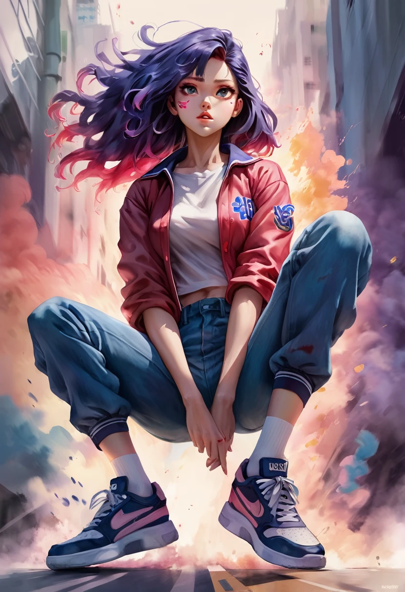 Fantasy digital watercolor painting, Photoshop Watercolor Brushes, One girl, Beauty, sneakers, whole body, High School Uniform:2, anime, Jujutsu Kaisen, Your Name, NewJeans, Korean Girls, Retro Wave,Ahoge, Dramatic lighting from below, Bomb Hair