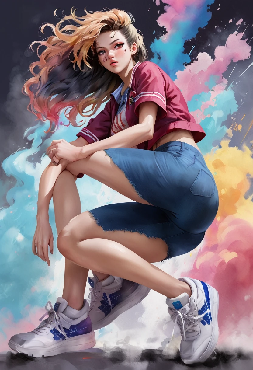Fantasy digital watercolor painting, Photoshop Watercolor Brushes, One girl, Beauty, sneakers, whole body, High School Uniform:2, anime, Jujutsu Kaisen, Your Name, NewJeans, Korean Girls, Retro Wave,Ahoge, Dramatic lighting from below, Bomb Hair
