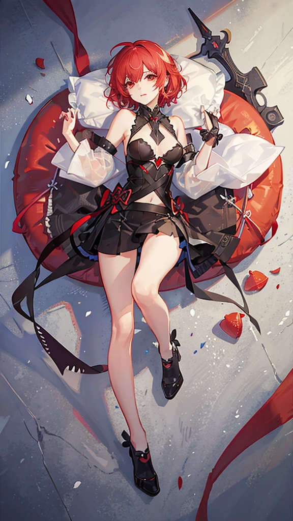 White short hair, Red eyes, small , long legs, Yandere girl