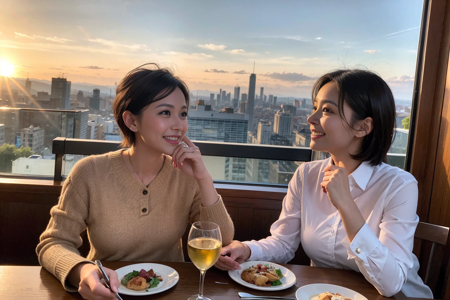 ((Highest quality、8K、masterpiece:1.3))、cute、slimカップル、modelカップル、actress男優、(Realistic, Intricate details:1.2), full-course dinner、Wine Party、Amazing view of the sunset sky and clouds、A bright smile、short hair,Bright Face、 (Age 37), 42 years old, red wine 、Appetizers、Italian food、Wine bottle、Champagne、sparkling wine、Two beauties、Brown Hair、Shortcuts、Long sleeve shirt、dress、Beautiful woman 1, (slimな顔), (The body is slim), (Brown Hair), (Shortcuts), cheeks turn a little red,Attractive beauty、restaurant, In a prominent place (From the waist up) Nova Frog Style, actress, model, Upper Body, White wine, slim, wine glass, 中央に置かれたwine glass, smile, (smile: 1.15), Beautiful fine grain, Depth f/2,saturation, High Contrast, Strong light and shadow,Moist Body:1.5、3D texture、Delicate eyes、Brown Hair、The hair is very shiny、