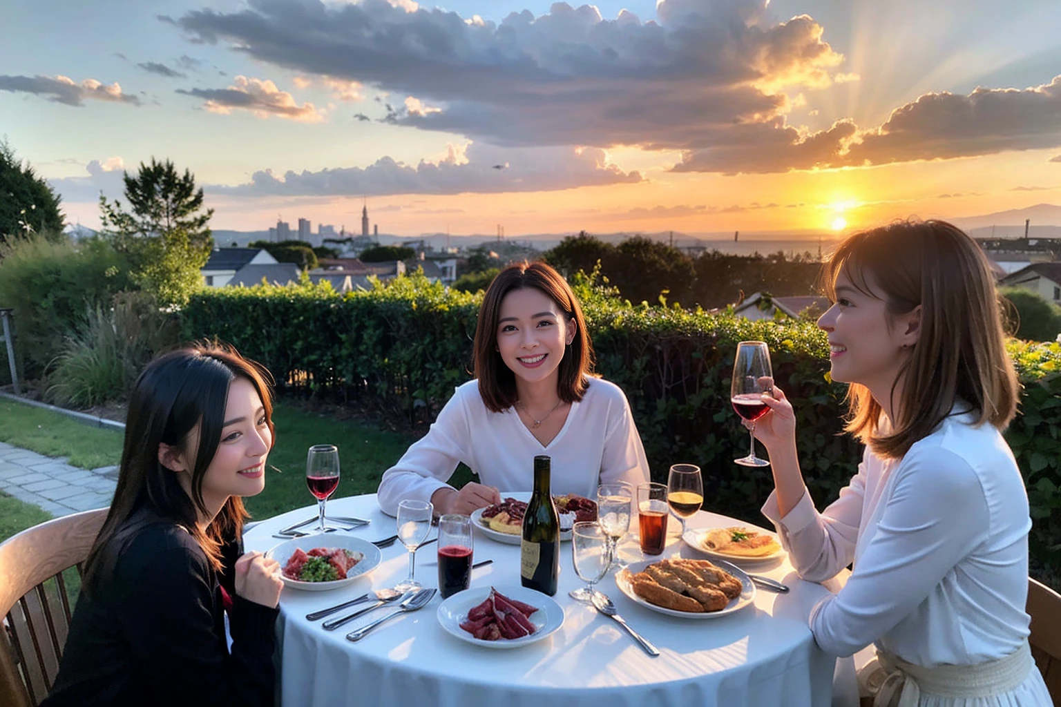 ((Highest quality、8k、masterpiece:1.3))、 (Genuineistic, Genuine、Bright image、Intricate details:1.2), 最高のsmile、1 male,1 female、Beautiful couple、spouse、fiancee、Good friends、actress couple、smile、Full-course dinner at a packed table、 (Slim face), (the body is slim), (Brown Hair), (short hair), テーブルのwine glass、Please shine a light on my face、 Amazing view of the sunset sky and clouds、 (42 years old)38 years old, red wine 、Appetizers、Wine bottle、sparkling wine、Long sleeve shirt、dress、White wine, red wine, wine glass,