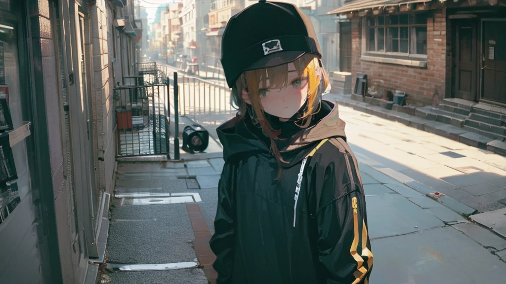 alley scene with a hip hop girl in the background with a mask posing for a camera