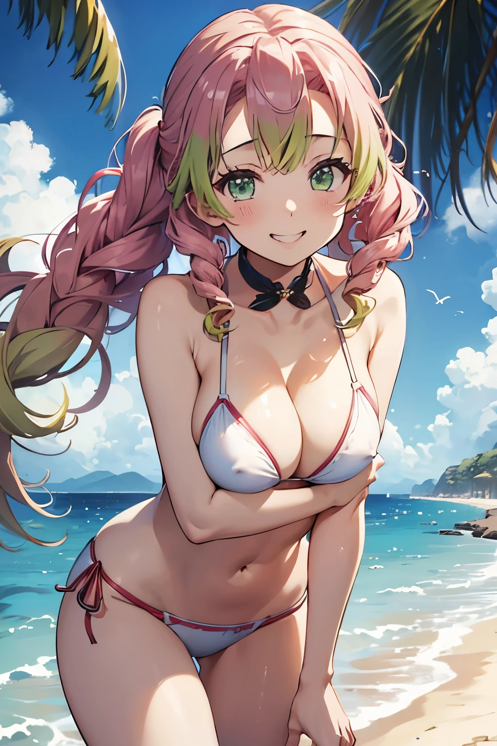 (8K、masterpiece、Highly detailed background、high resolution)、(mitsuri kanroji)、Cleavage、(beach、White Bikini、Swim ring、Gravure pose、Embarrassed smile、Nipple protrusion)