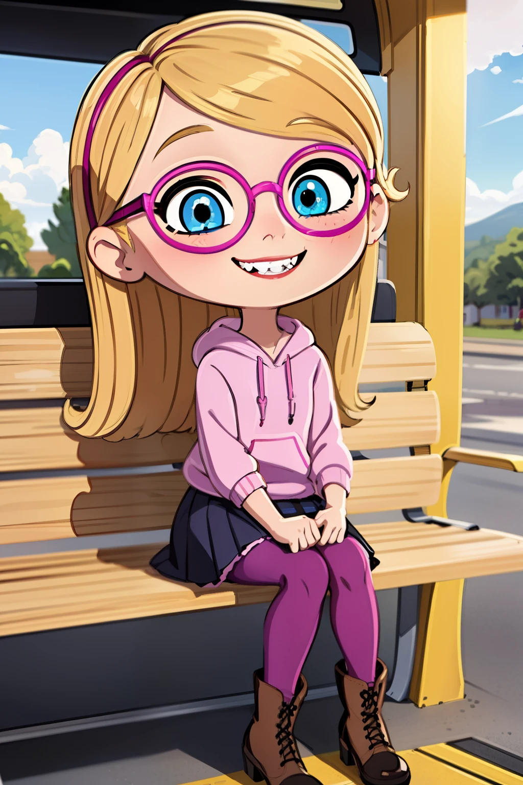 highly detailed, beautiful detailed eyes, ((masterpiece, best quality, ultra-detailed, 1girl, solo, penny peterson, long hair, blonde hair, pink highlights on her hair, blue eyes, magenta glasses, bright pink hoodie, dark lavender pleated skirt, white puffy trim, maroon leggings, pink wide heeled boots, sitting at a bus stop, focused, looking at 1phone, texting, upskirt, very joyful, joyful, teeth, happy, smile, beautiful face,