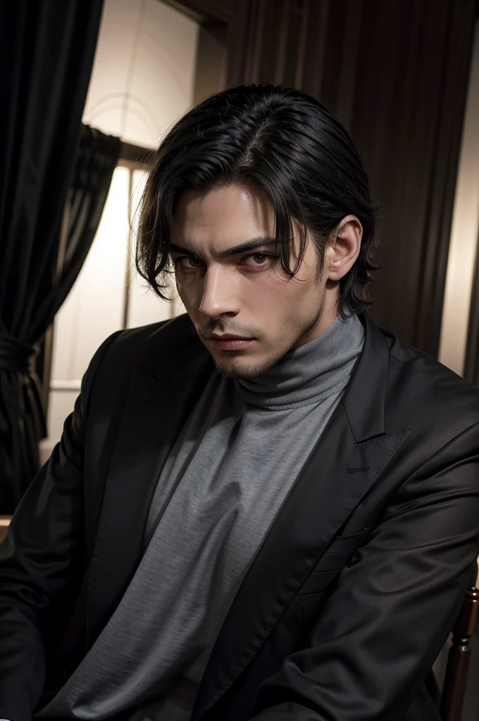 Hombre, como jefe de mafia, alto y en forma, con el cabello corto color negro, delineado negro en la parte inferior de los ojos y ojos verdes, mientras modela sexy en diferentes posiciones,  cuerpo completo.