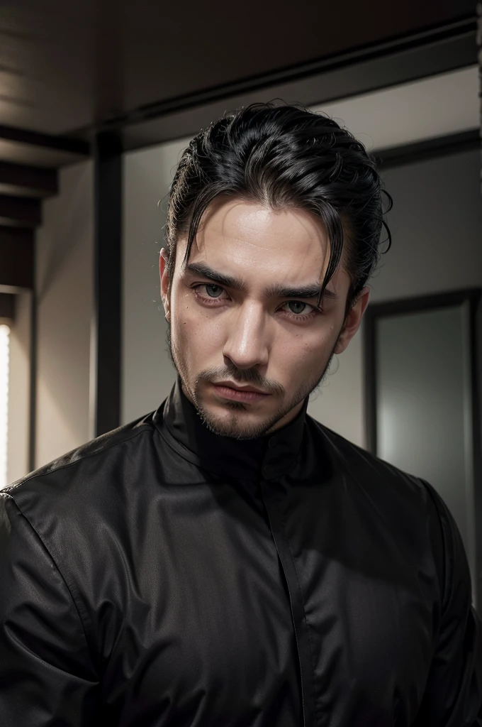 Hombre, como jefe de mafia, alto y en forma, con el cabello corto color ?????, delineado ????? en la parte inferior de los ojos y ojos verdes, mientras modela sexy en diferentes posiciones,  cuerpo completo.