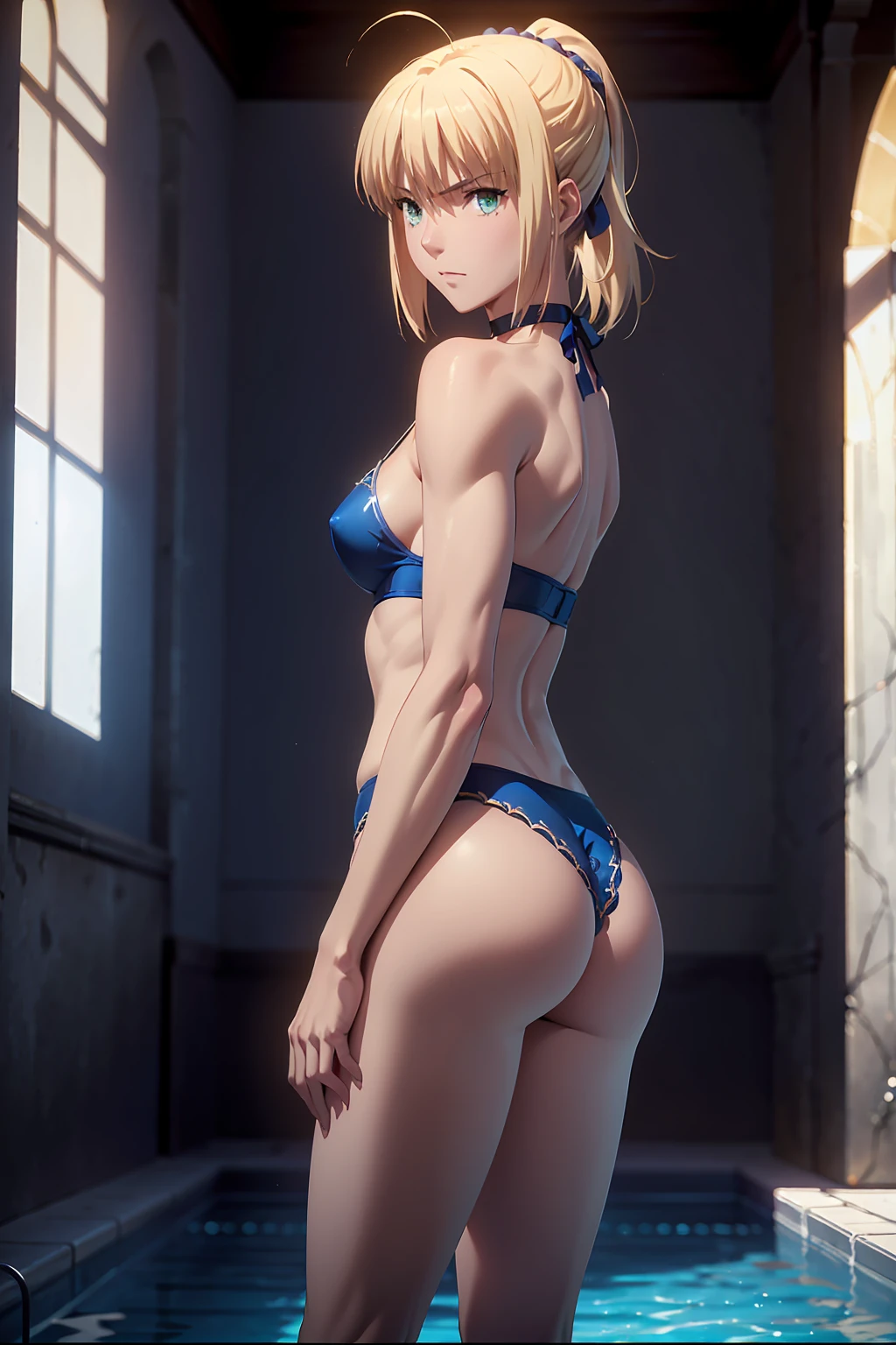 NSFW (Highest quality:1.5, High resolution, 超High resolution, 4K, Detailed lighting, Shaders)(Beautiful details:1.6)(Artoria Pendragon), alone (Swimwear)++ short hair,ponytail Parody, Blue choker, Beautiful Abs Beautiful arm muscles ((Are standing)) Realistic swimming pool Angle from below Cool look Beautiful ass