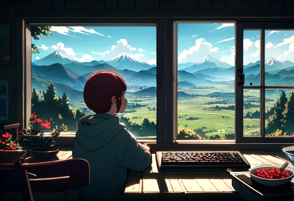 keyboard, platas, lofi, Landscape from the window and the mountains