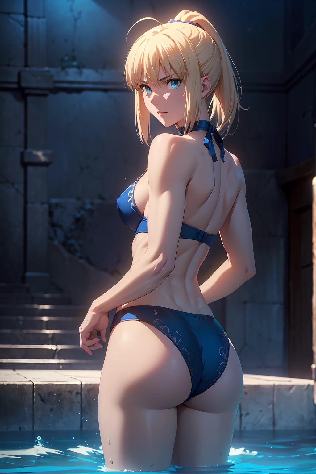 NSFW (Highest quality:1.5, High resolution, 超High resolution, 4K, Detailed lighting, Shaders)(Beautiful details:1.6)(Artoria Pendragon), alone (Swimwear)++ short hair,ponytail Parody, Blue choker, Beautiful Abs Beautiful arm muscles ((Are standing)) Realistic swimming pool Angle from below Cool look Beautiful ass