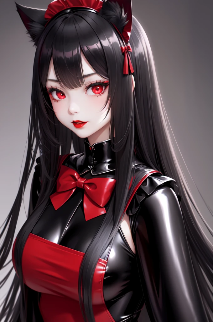 1 girl、Detailed facial details,Cat ear,Black long hair,red lips,Slim,Large Breasts,Wearing black latex tights maid outfit,Silk clothing,Maid headdress,With red bow tie,Charming red eyes,,handcuffs,collar,Radiant Skin,Bright castle,Medieval Castle