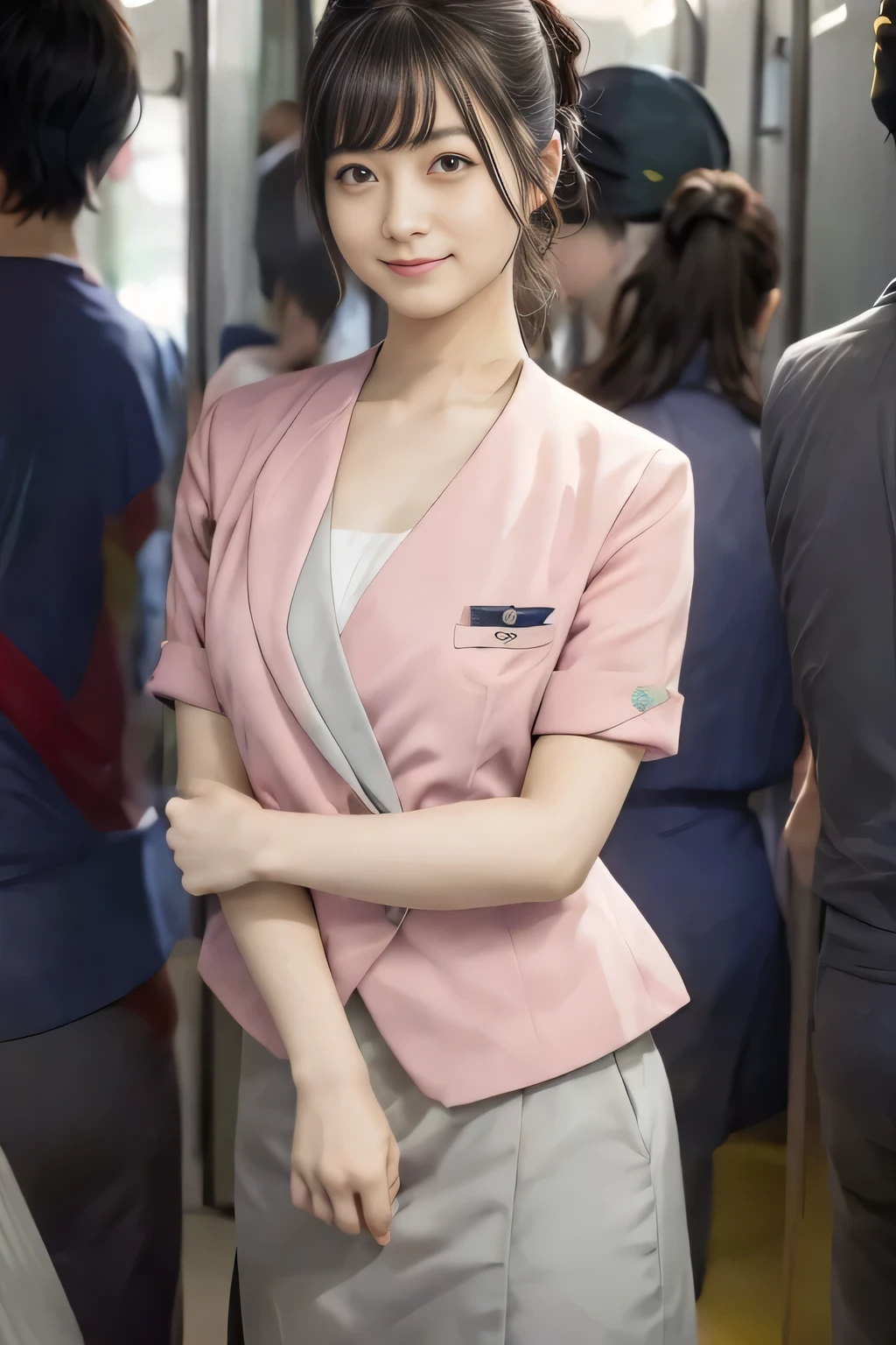 (masterpiece:1.2, Highest quality:1.2), 32K HDR, High resolution, (alone、1 girl)、 (Height: 160cm)、（On the rooftop of a building in the daytime、Professional Lighting）、Building rooftop background、（Nankai train crew uniform pinkを着たリアルスタイル）、（Nankai train crew uniform pink short sleeve collarless pink jacket、Nankai Train Crew Uniform Pink Collarless Short Sleeve Blouse、Nankai Train Crew Uniform Pink Grey Knee-length Culottes）、Dark brown hair、（Hair tied up、Hair tied up、Evening curly hairstyle）、Dark brown hair、Long Shot、Big Breasts、Thin legs、（（Great hands：2.0）），（（Harmonious body proportions：1.5）），（（Normal limbs：2.0）），（（Normal finger：2.0）），（（Delicate eyes：2.0）），（（Normal eyes：2.0））)、smile、（Nankai Train Crew Uniform Pink Grey Knee-length Culottesを見せた美しい歩く姿）、Place your hands around your stomach、Lanyard employee ID card