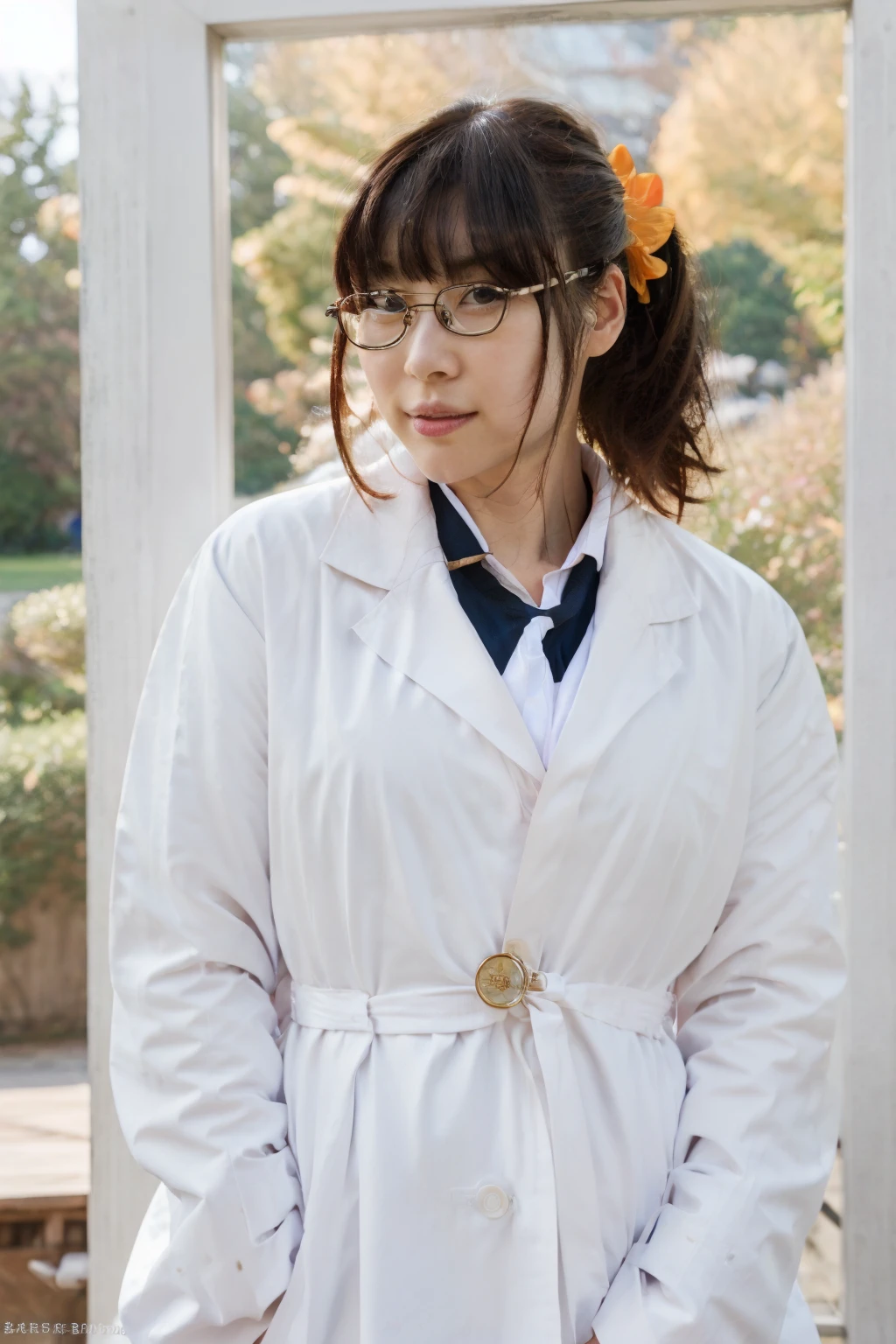 ultra-detailed,highly detailed,best quality,masterpiece,illustration,realistic,
shiguma rika, 1girl, solo, cosplay,
st. chronica academy ,
sel-frame glasses,hair bow, labcoat,
looking at viewer, upper body,
outdoors, nature, perfect anatomy