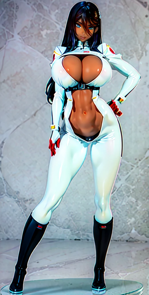 women, dark skin, blakc long hair, dark brown eyes, white Bodysuit, big breast, standing