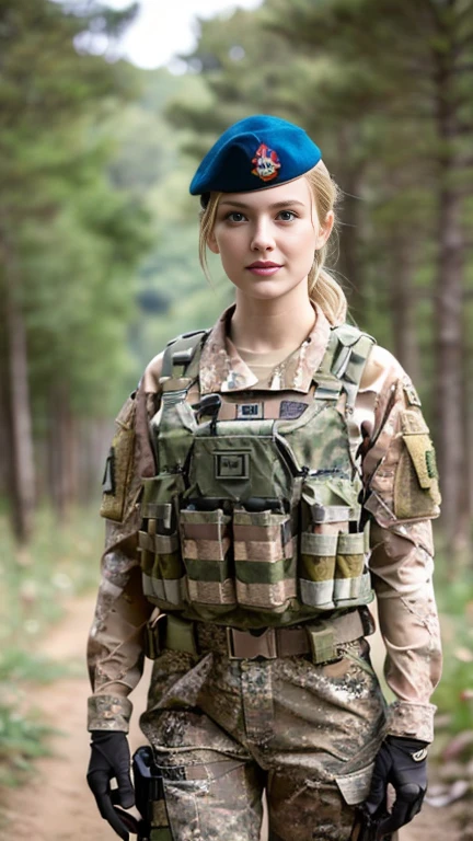 front view, full body,  looking at viewer,  1 female is Denmark princess, White girl ,Age: 20 age-old,  blond hair,  chignon, detailed blue eye,little smile,((( Denmark military camouflaged uniform set:1.3))),  camouflaged glove, green beret, armed with 2 pistols, in combat, realistic uniform, fit, chest protection, united states military, camouflaged, American patter, American patch bulletproof vest, covered skin, bullet proof vest, weapon, gun, (((assault rifleM4a1, M4a1 sopor, standing))), stand on battle field, forest,  accurate, anatomically correct, textured skin, super detail, high details, high quality, best quality, 4K,