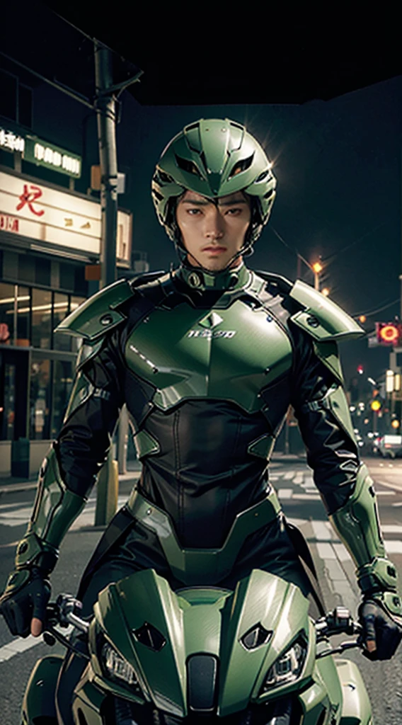 Highest image quality, outstanding details, ultra-high resolution, (realism: 1.4), the best illustration, favor details, highly condensed 1boy, with a delicate and beautiful face, dressed in a black and green mecha, wearing a mecha helmet, holding a directional controller, riding on a motorcycle, the background is a high-tech lighting scene of the future city,wide hips, thin and narrow weist, young man, young man