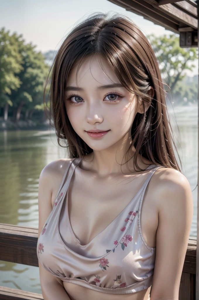 8K Super Resolution、Beauty、One Woman、Dark Brown Hair:1.1、Highly detailed face、Lips detail、important、(Eyes meet)、double eyelid、Princess Eyes、Beautiful Japanese Women、Beautiful Japanese Women、Sensual lips、Bewitching body、20th Generation、(21 years old)、far and near method、 Realistic Japanese women、Wearing a super-realistically detailed stylish floral silk tank top and mini skirt、Hair blowing in the wind、I can see your chest、Crisp images、The delicate sparkle of the eyes、Ultra-realistic detailed park with river、color々Hair style、Smiling with a nice smile、There is a thick fog in the background、Fantastic landscape、