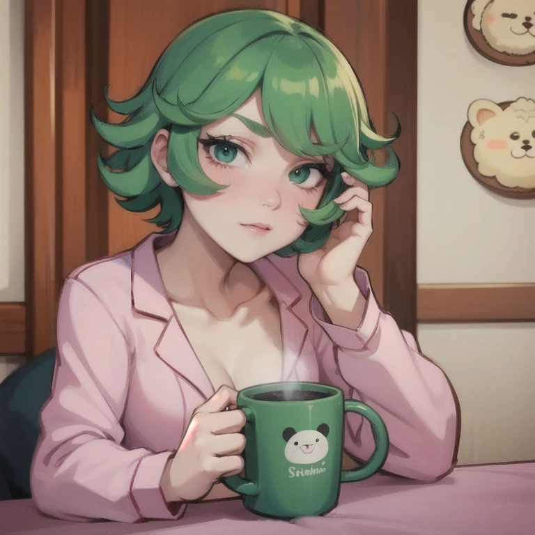 (masterpiece), best quality, expressive eyes, perfect face, 1girl, solo, blush, tatsumaki, curly_hair, cup, green_hair, green_eyes, looking_at_viewer, pajamas, mug, short_hair, hand_on_own_face, holding, holding_cup, bear_print, hand_on_own_cheek, animal_print, print_mug, long_sleeves, sitting, closed_mouth, upper_body, flipped_hair, indoors, head_rest, pink_pajamas, bangs, collarbone, pink_shirt