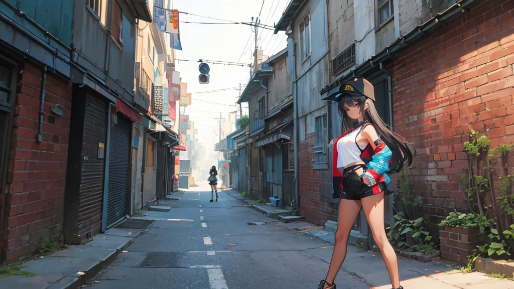 alley scene with a hip hop girl in the background with a mask posing for a camera