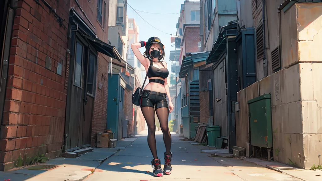 alley scene with a hip hop girl in the background with a mask posing for a camera