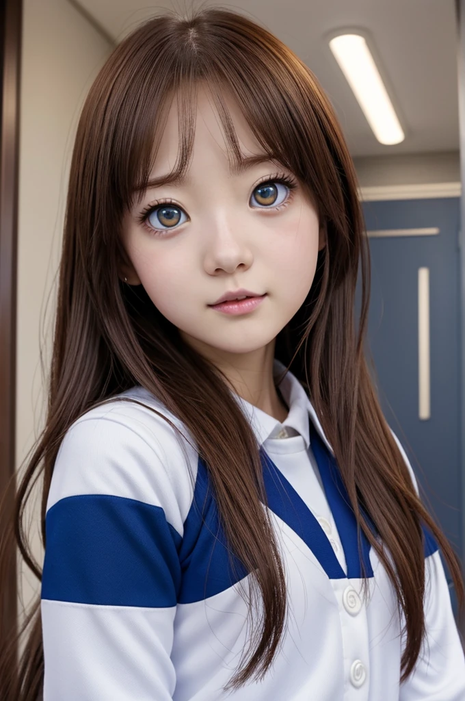 Estilo Boku no hero Academia, A pale-skinned girl, brown hair and blue eyes, con uniforme de la UA, Tomie inspiration (junji ito), Risa (Lovely complex), Sawako (Kimi ni Todoke) y Wonyoung (IVE)