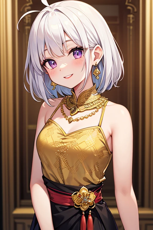 A beautiful detailed girl with intricate details, ahoge, white hair, purple eyes, black hair tips, small breasts, smiling, wearing a black kebaya dress for a Javanese wedding, traditional batik skirt, looking at the viewer, adorned with jewelry and headdress, red lips, gold necklace, earrings, exquisite, detailed, flowers, perfect background, soft focus, highly detailed facial features