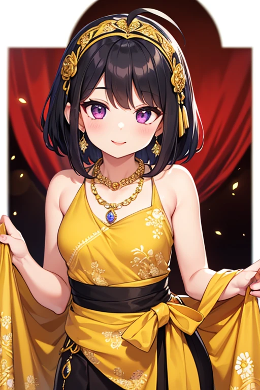 A beautiful detailed girl with intricate details, ahoge, white hair, purple eyes, black hair tips, small breasts, smiling, wearing a black kebaya dress for a Javanese wedding, traditional batik skirt, looking at the viewer, adorned with jewelry and headdress, red lips, gold necklace, earrings, exquisite, detailed, flowers, perfect background, soft focus, highly detailed facial features